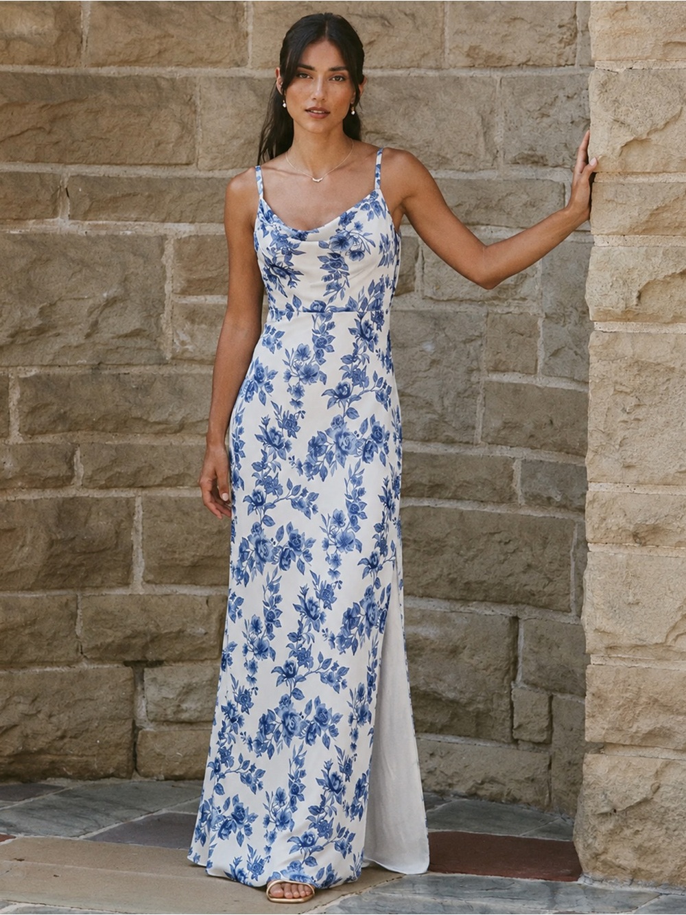 Revelry - Nadia Satin Floral Print Dress - Dusty Blue Bouquet - 7F84